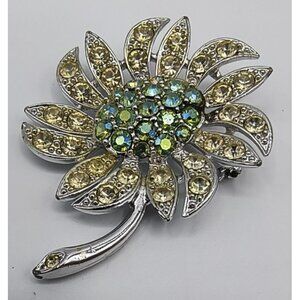 Vintage Sarah Coventry Silver-Tone Floral Brooch With Yellow & Green Rhinestone